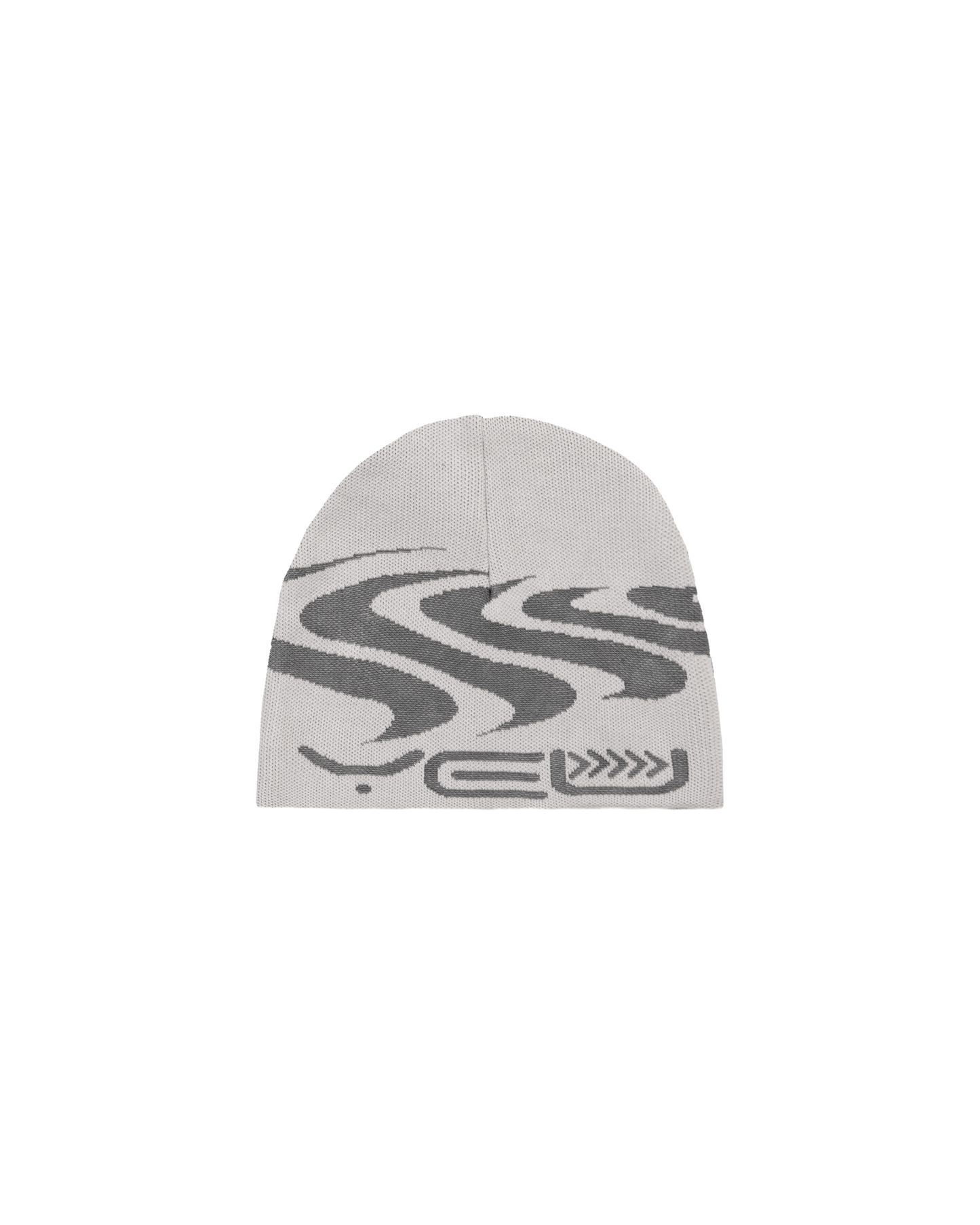 Beigefarbene Beanie mit eingestricktem, großflächigem Wellenmotiv und dem Wort „YEU“ in dunklem Grau.