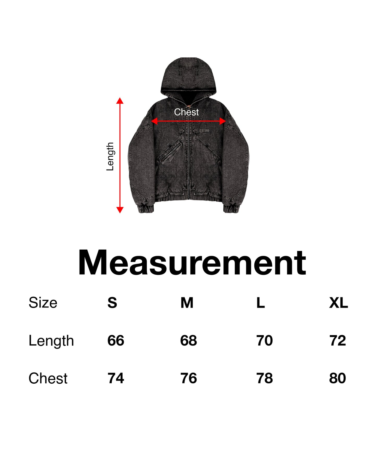 Maßtabelle für den schwarzen Zipper-Hoodie. Die Rückenlänge variiert zwischen 66 cm (S) und 72 cm (XL), die Brustweite zwischen 74 cm und 80 cm. Die Maße sind mit Pfeilen an einer schematischen Hoodie-Grafik erklärt.