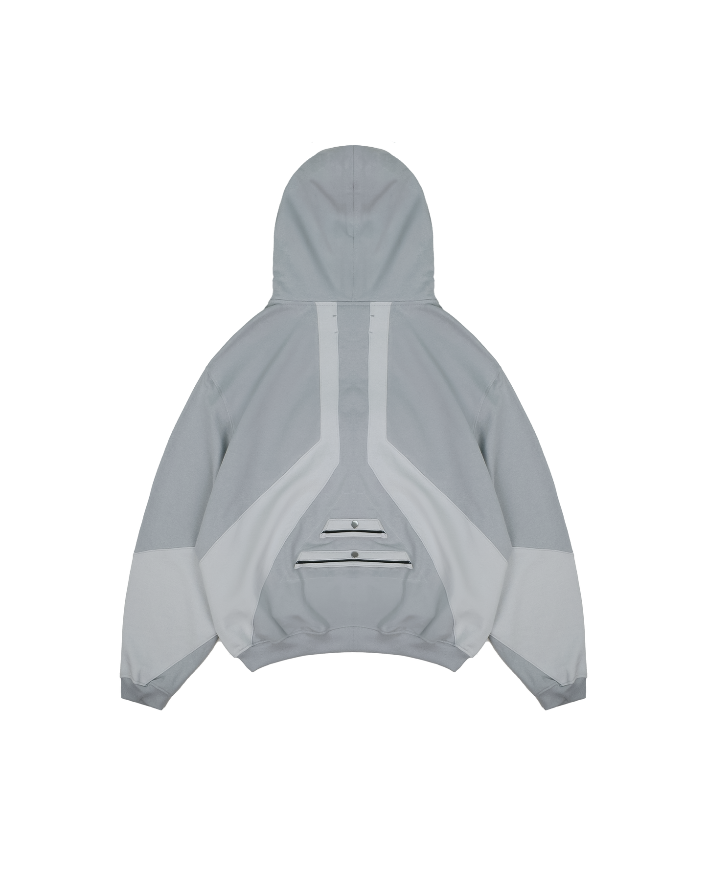 Rückansicht des hellgrauen Zip-Hoodies mit kontrastfarbigen Stoffeinsätzen und drei aufgesetzten Taschen mit Druckknopfverschluss im unteren Rückenbereich.
