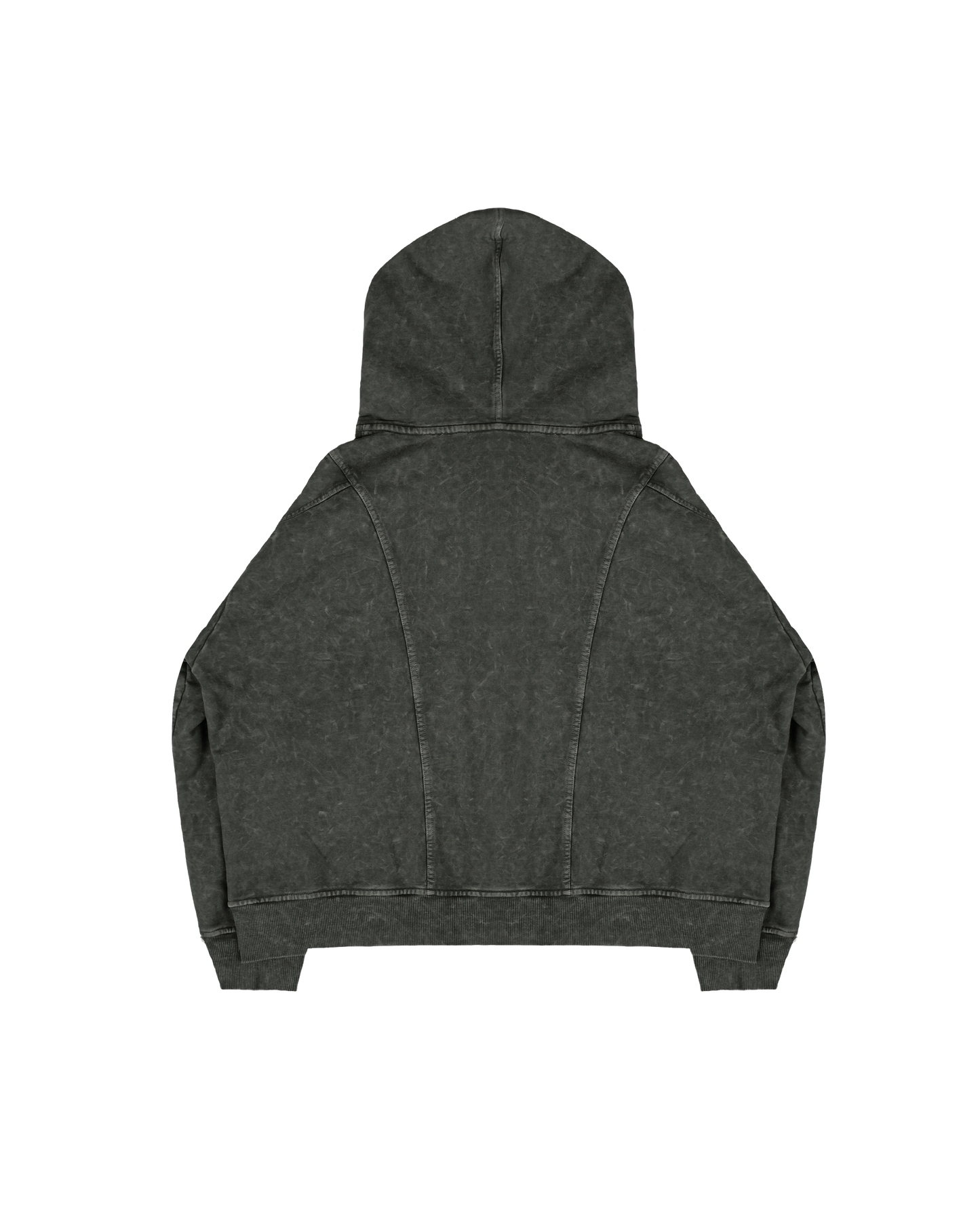 Rückansicht eines grauen Zip-Hoodies in verwaschener Optik. Die Rückseite zeigt gebogene Teilungsnähte, die von den Schultern zur unteren Rückenmitte verlaufen. Der Hoodie wirkt durch den Washed-Effekt leicht marmoriert.