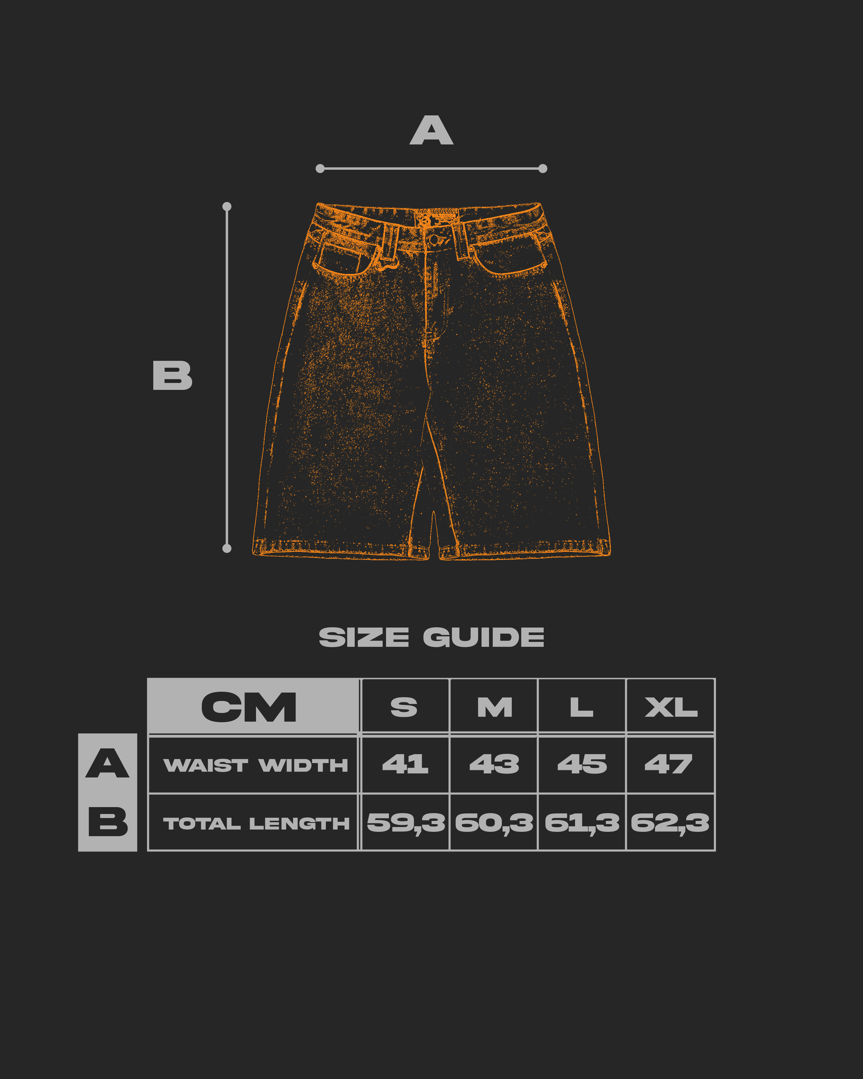 Größentabelle mit Schemazeichnung einer Bermuda-Shorts. Angegeben sind Bundweite und Gesamtlänge in Zentimetern für die Größen S bis XL.