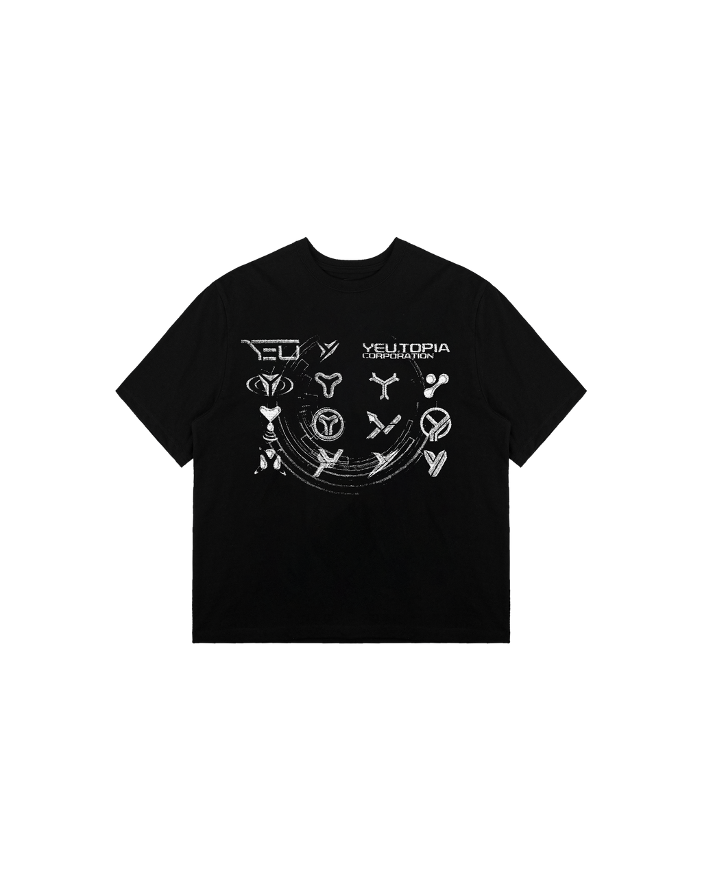 Schwarzes T-Shirt mit auffälligem Frontprint in Rosa und Weiß. Der Druck zeigt ein schwebendes Ufo mit Lichtstrahl, das aus einem höhlenartigen Tunnel auftaucht. Darüber steht in grafischer Verzerrung „EUTHEWORLD“ mit Emblem. Unten ist der Schriftzug „CHOOSE YOUR ESCAPE ROUTE“ sowie weitere Logos in kleiner Typografie abgebildet.