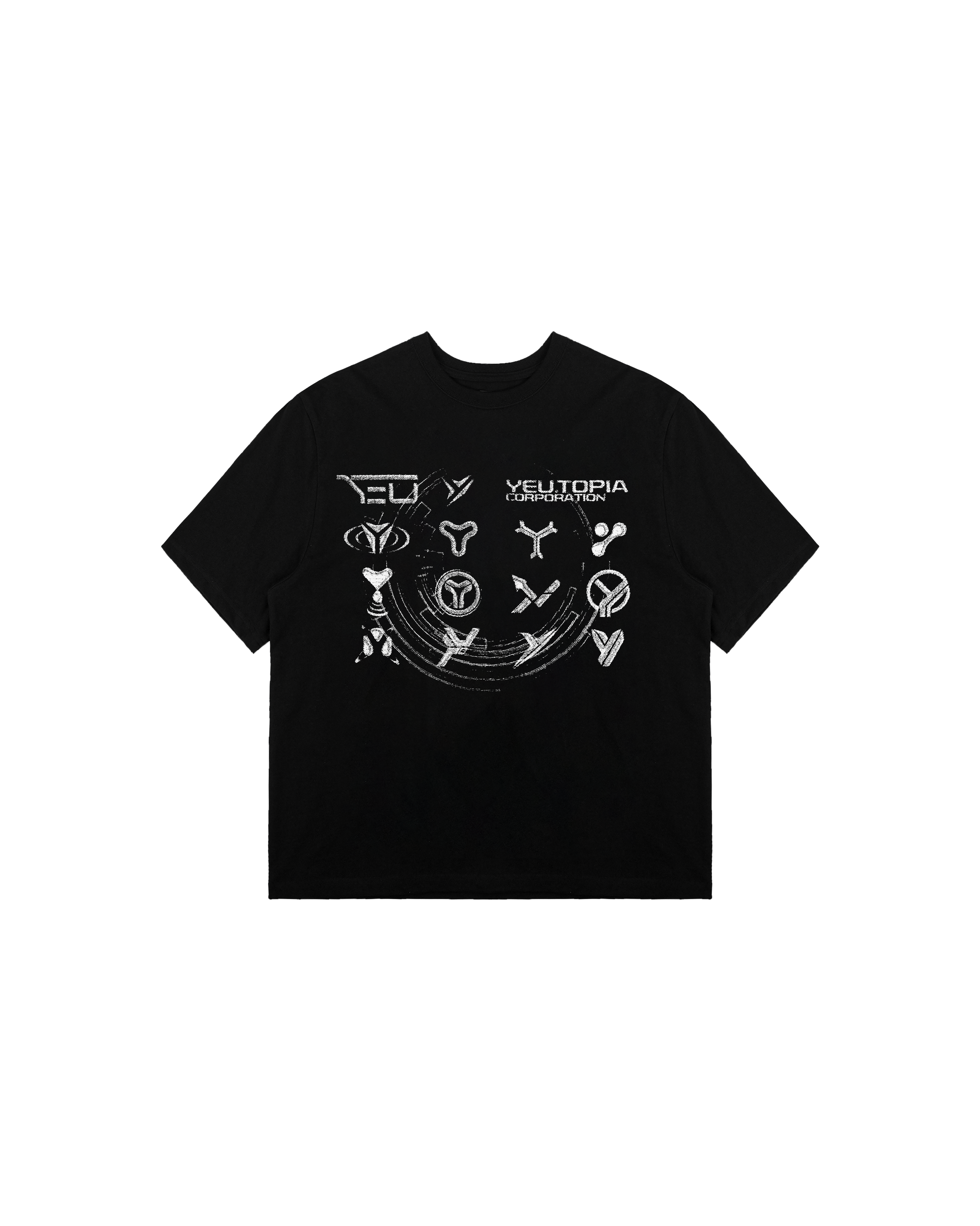 Schwarzes T-Shirt mit auffälligem Frontprint in Rosa und Weiß. Der Druck zeigt ein schwebendes Ufo mit Lichtstrahl, das aus einem höhlenartigen Tunnel auftaucht. Darüber steht in grafischer Verzerrung „EUTHEWORLD“ mit Emblem. Unten ist der Schriftzug „CHOOSE YOUR ESCAPE ROUTE“ sowie weitere Logos in kleiner Typografie abgebildet.