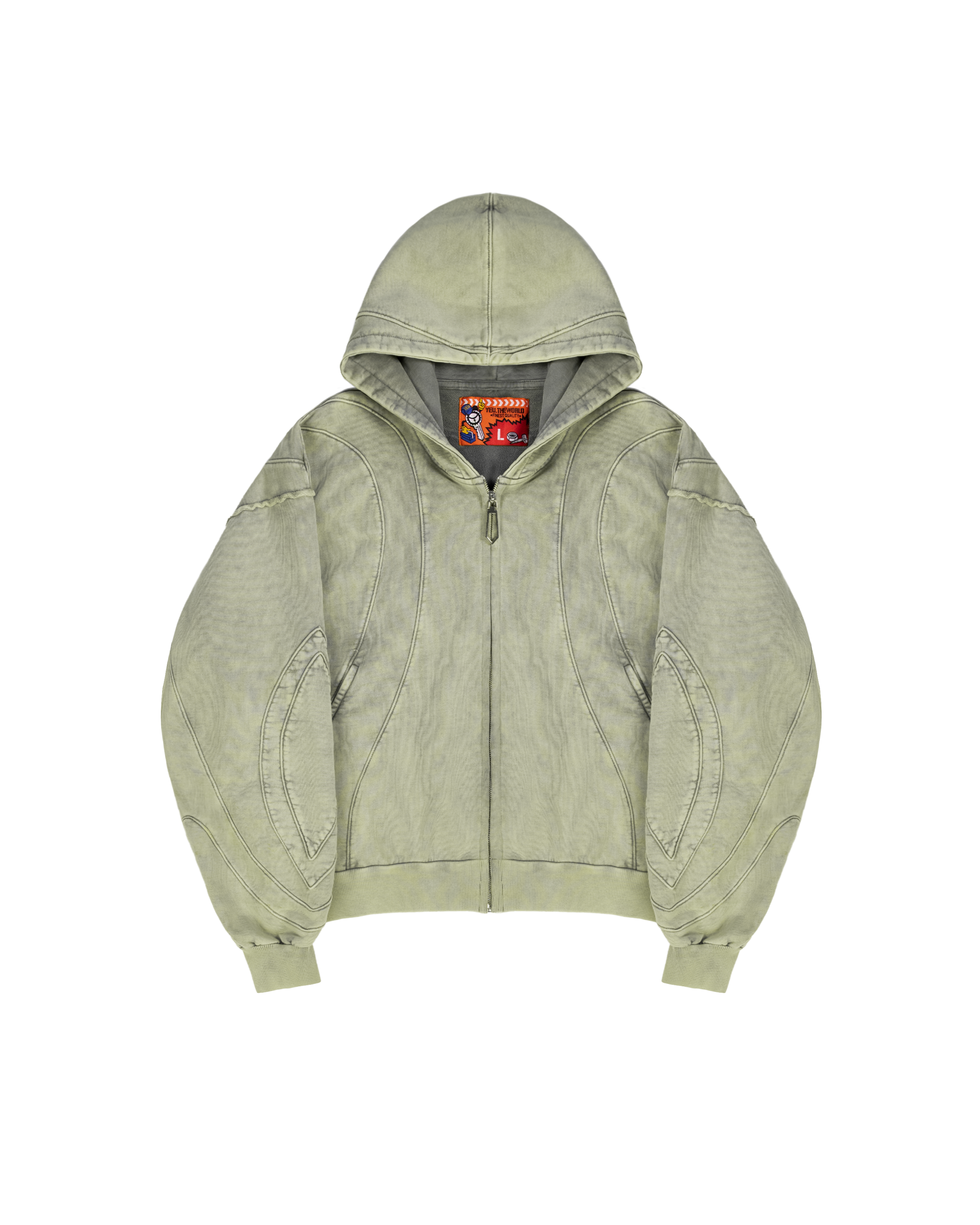 Freisteller: Verwaschen grüner Zip-Hoodie mit geometrischen Teilungsnähten und runder Kapuze.