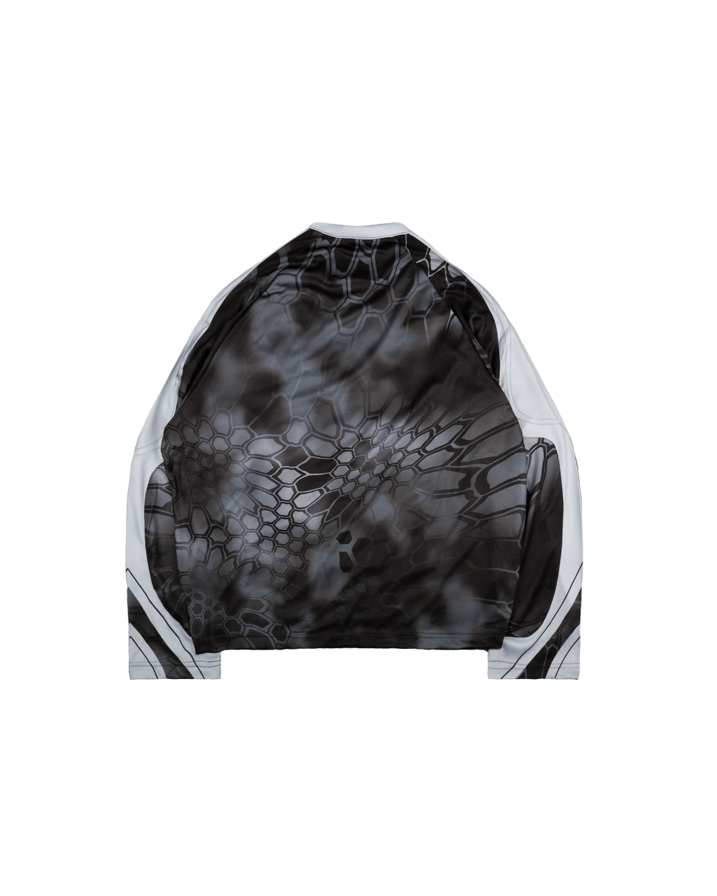 Rückseite des Jerseys in schwarzem Farbverlauf mit hexagonalem Gittermuster. Keine Schriftzüge oder Logos auf der Rückseite.