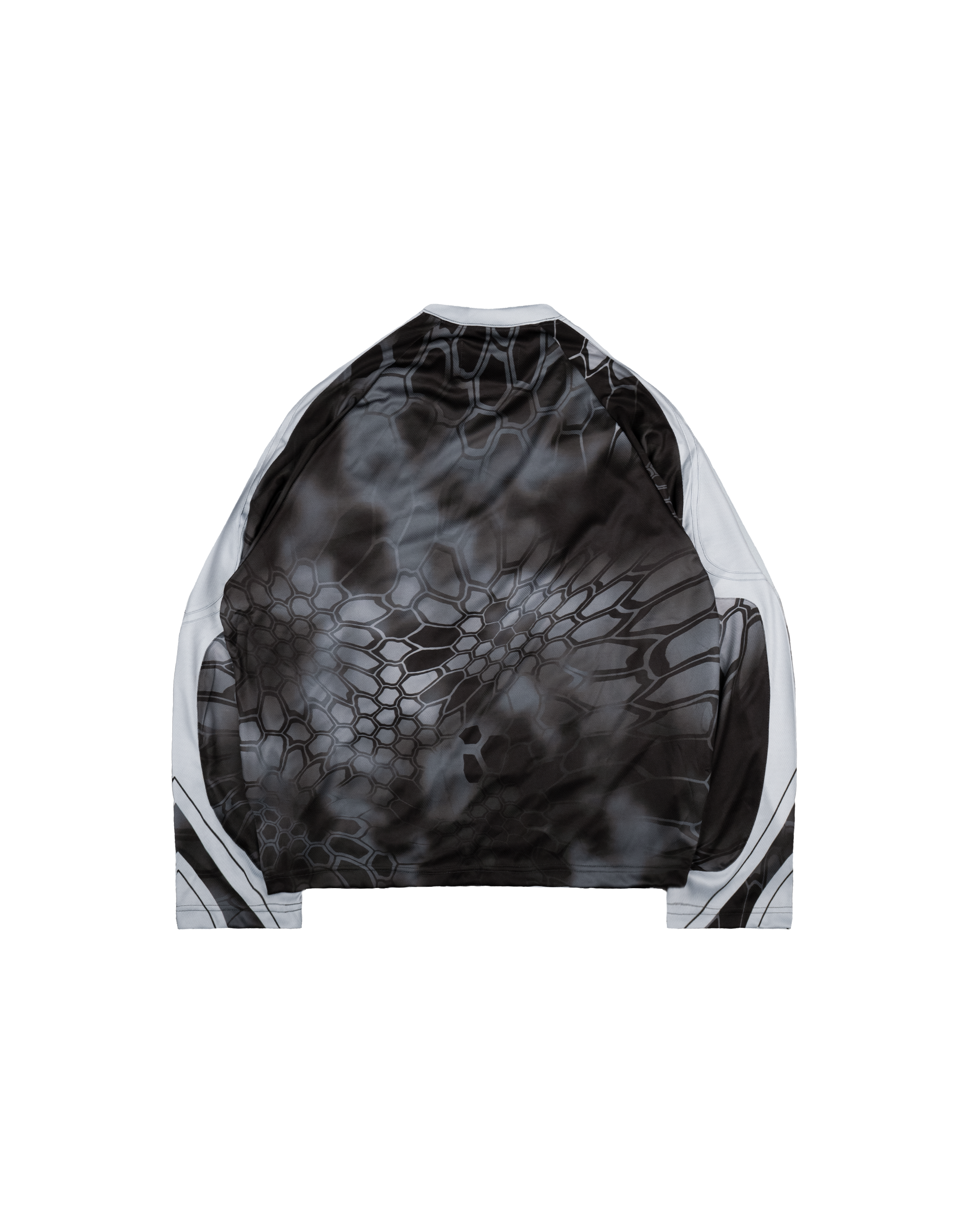 Rückseite des Jerseys in schwarzem Farbverlauf mit hexagonalem Gittermuster. Keine Schriftzüge oder Logos auf der Rückseite.