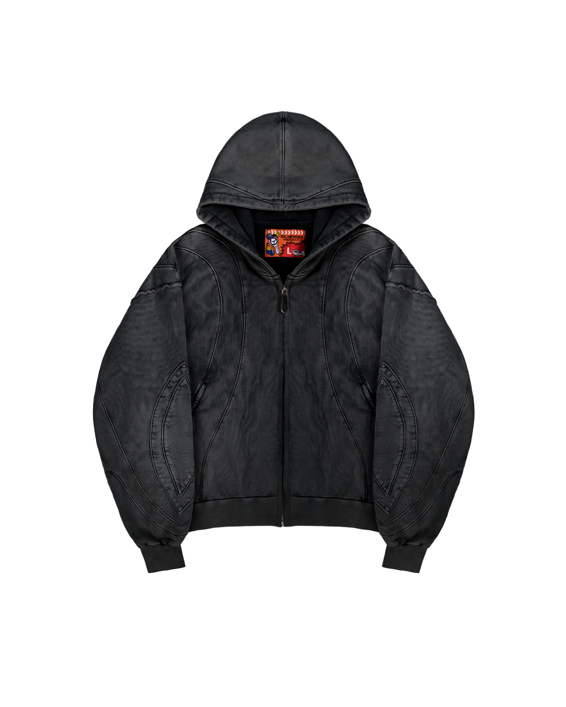 Freisteller: Verwaschen grüner Zip-Hoodie mit geometrischen Teilungsnähten und runder Kapuze.