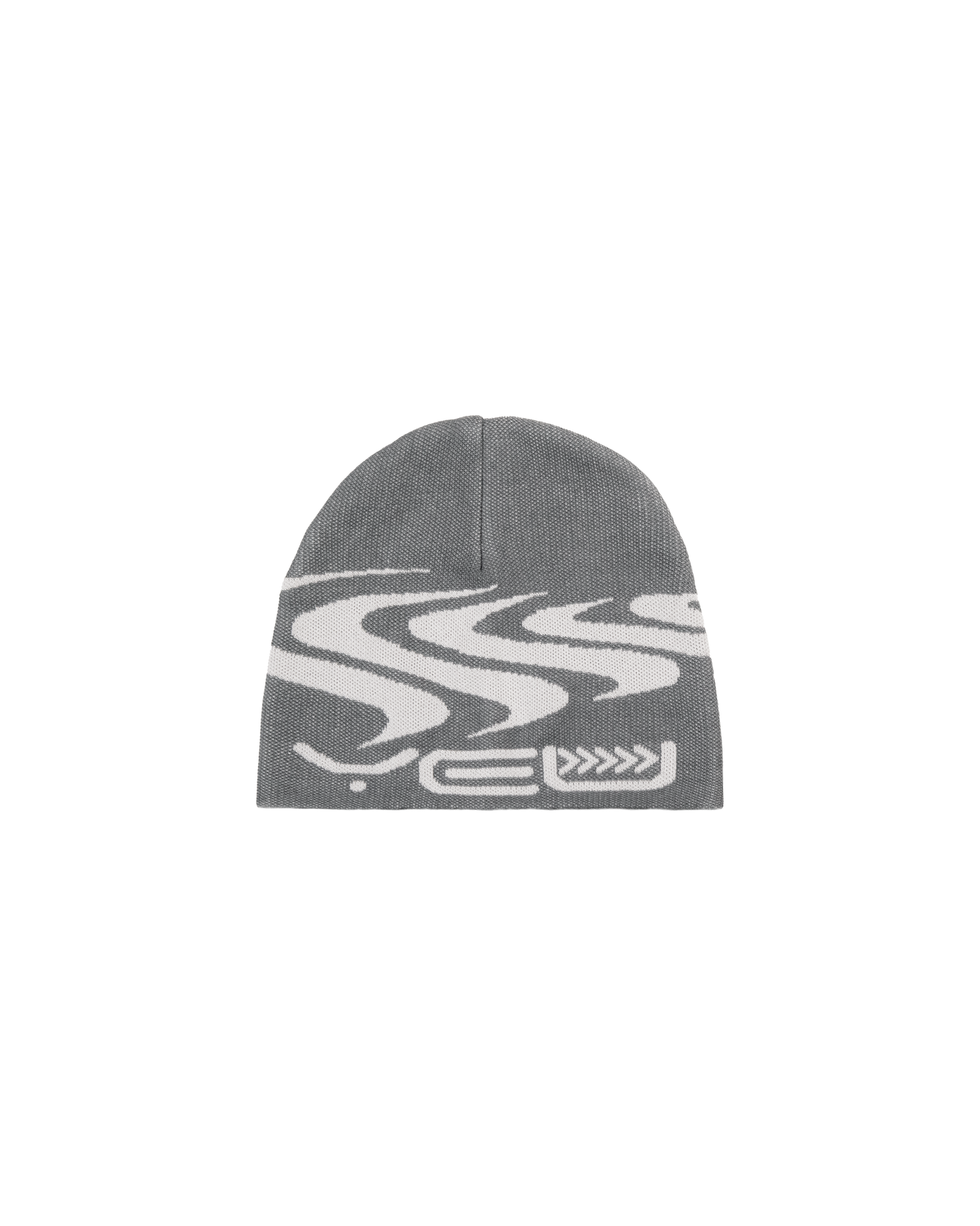 Dunkelgraue Beanie mit eingestricktem, wellenförmigem Muster in Hellgrau und „YEU“-Schriftzug in grafischer Gestaltung.