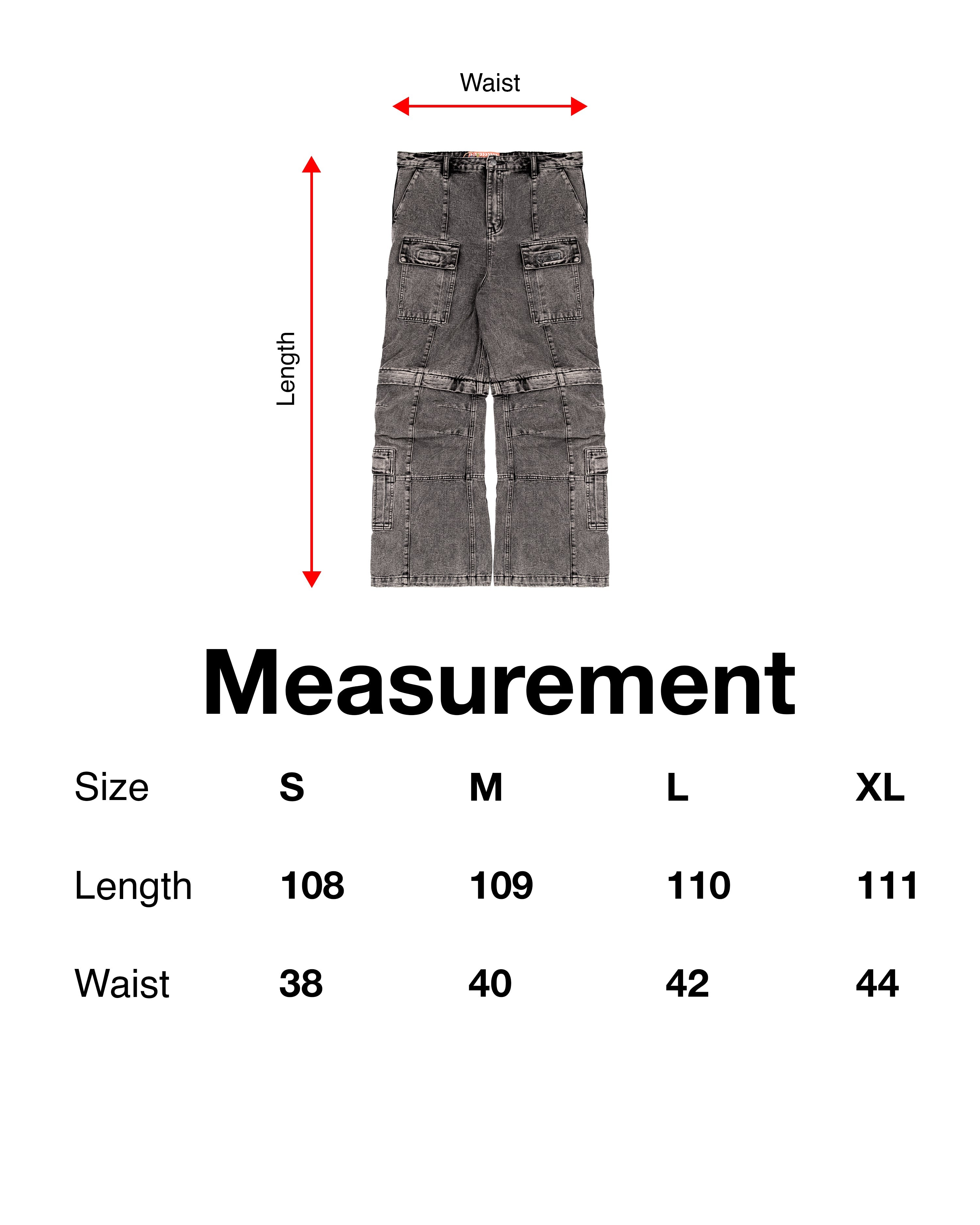 Grafik mit Maßtabelle zur hellgrauen Hose: Größenangaben (S bis XL) mit Längen- und Taillenmaßen in Zentimetern. Darüber schematische Darstellung der Messpunkte „Length“ und „Waist“ an einer Hose.