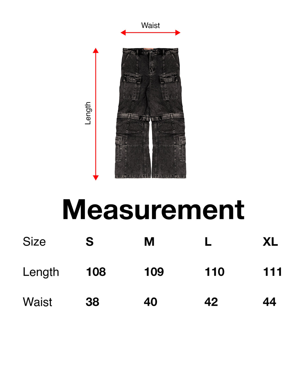 Messbild der schwarzen Hose mit Größenangaben für Länge und Bundweite (S bis XL). Maße reichen von 108 cm Länge (S) bis 111 cm (XL) und von 38 cm bis 44 cm Bundweite.