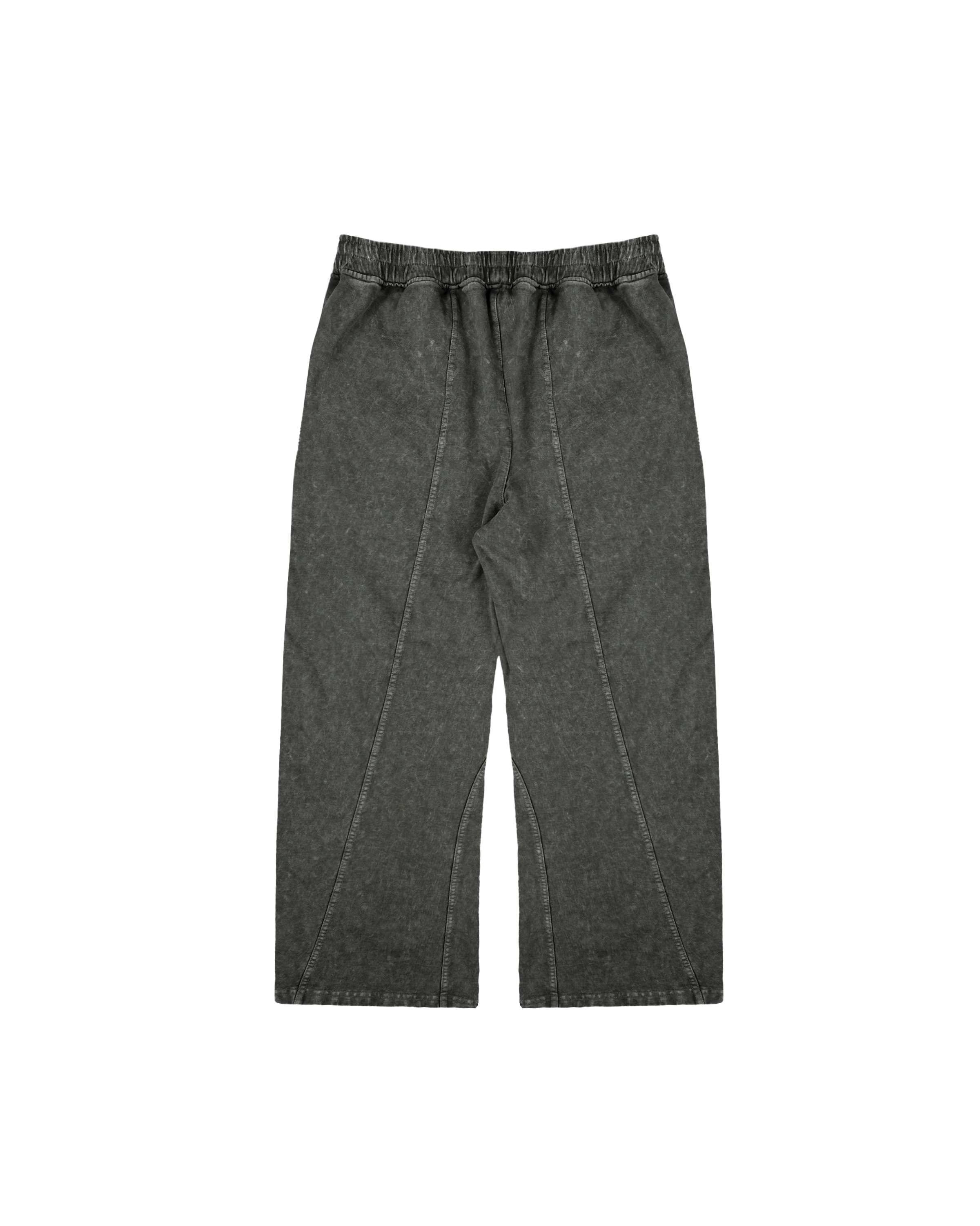 Rückansicht einer dunkelgrünen Cargohose mit ausgewaschenem Look und breiten, geschwungen verlaufenden Teilungsnähten auf beiden Beinen. Der Bund ist elastisch, die Rückseite ist ohne Taschen gestaltet.