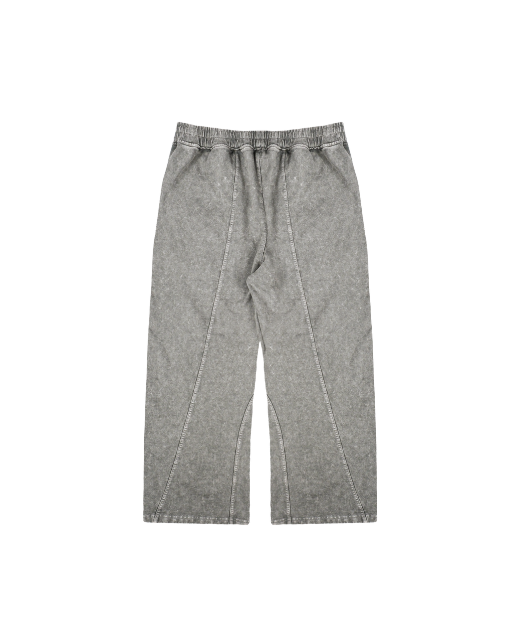 Freigestellte Rückansicht der grauen Sweatpants mit breiten, dekorativen Teilungsnähten entlang der Beine und schlichtem, elastischem Bund.
