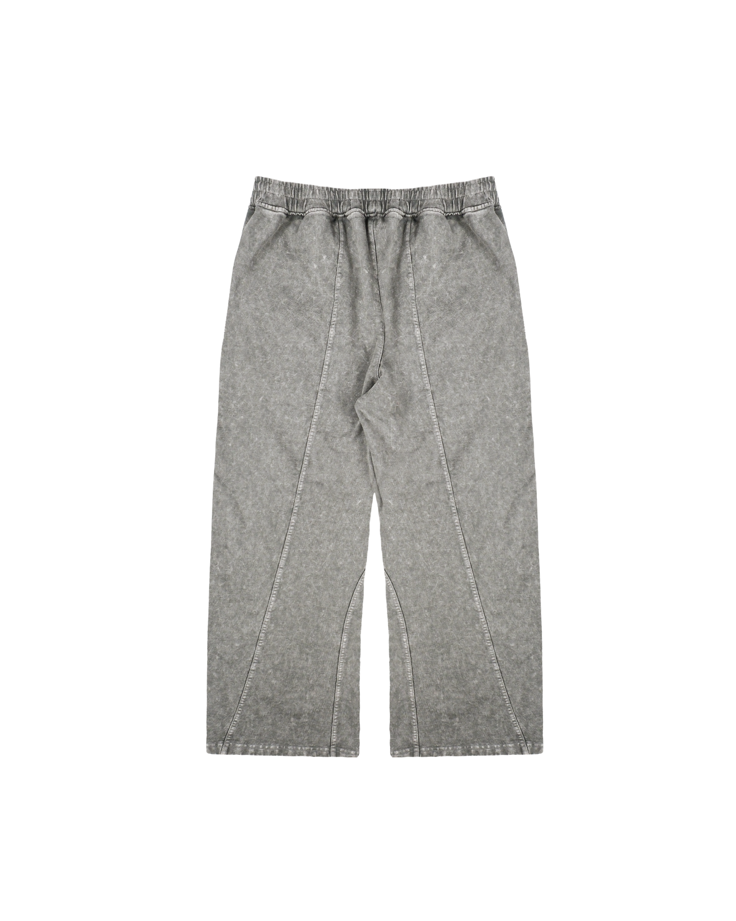 Freigestellte Rückansicht der grauen Sweatpants mit breiten, dekorativen Teilungsnähten entlang der Beine und schlichtem, elastischem Bund.
