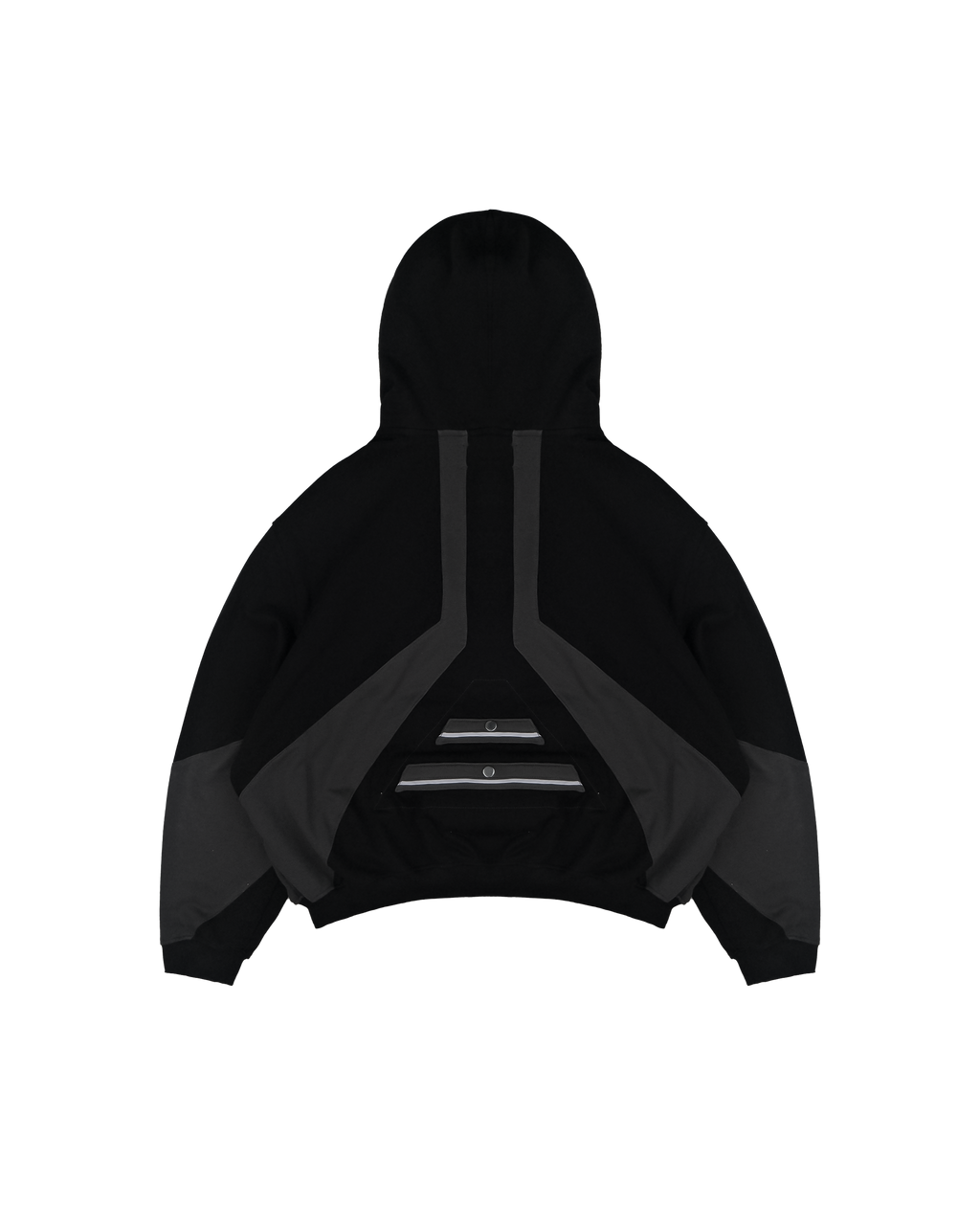 Schwarze Kapuzenjacke mit Frontreißverschluss, getragen in seitlicher Ansicht. Auf dem Ärmel ist eine kontrastierende Herzform in Weiß aufgestickt. Die Jacke hat einen hohen Kragen mit Kordelzug und lange Ärmel mit verstellbarem Saum.