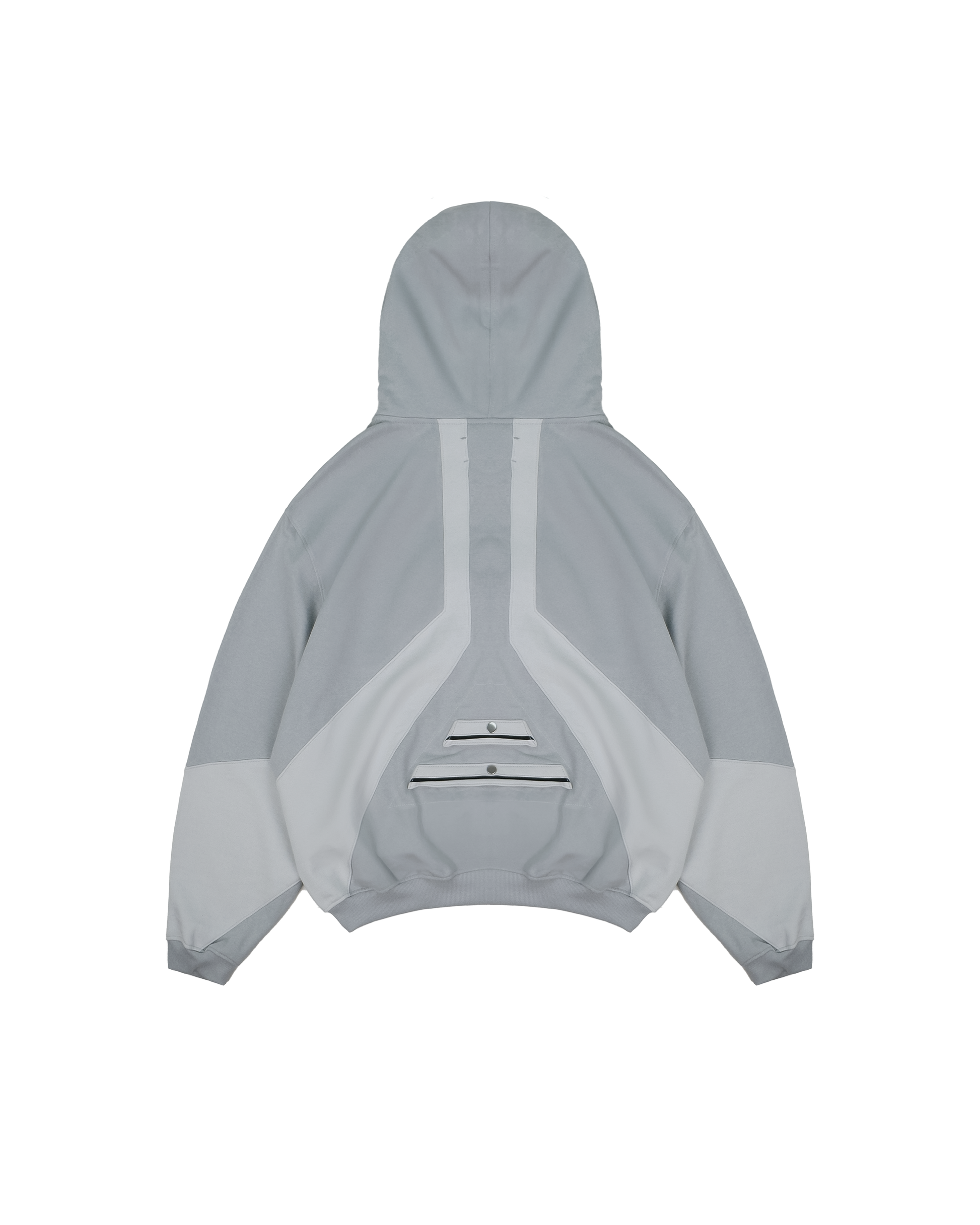 Rückansicht des hellgrauen Zip-Hoodies mit kontrastfarbigen Stoffeinsätzen und drei aufgesetzten Taschen mit Druckknopfverschluss im unteren Rückenbereich.