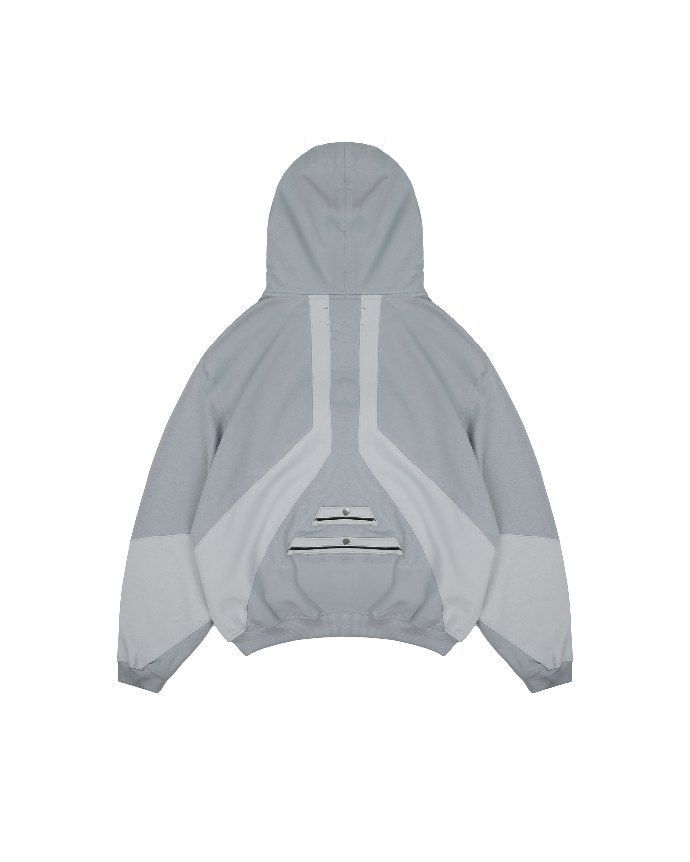 Rückansicht des hellgrauen Zip-Hoodies mit kontrastfarbigen Stoffeinsätzen und drei aufgesetzten Taschen mit Druckknopfverschluss im unteren Rückenbereich.