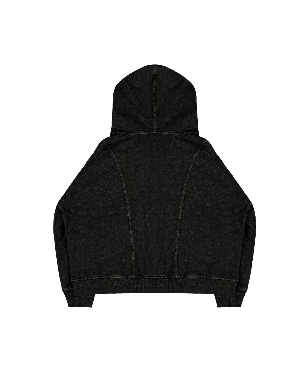 Rückansicht eines schwarzen Zip-Hoodies mit ausgewaschener Oberfläche. Das Design zeigt geschwungene Teilungsnähte, die den Rücken konturieren. Der Hoodie besitzt eine Kapuze und breiten Rippbund am Saum.