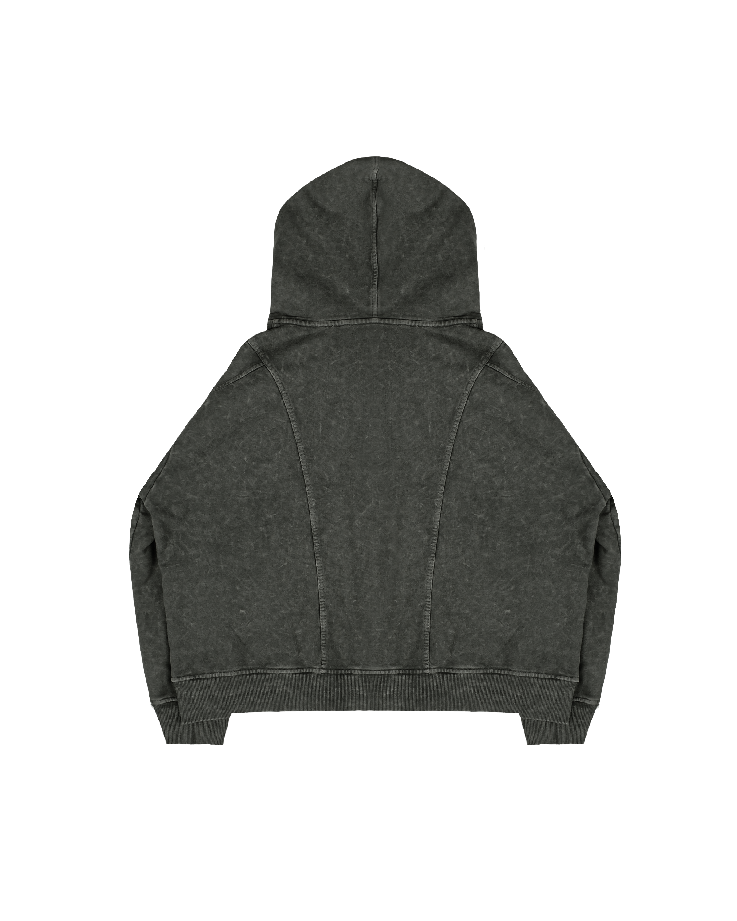 Rückansicht eines grauen Zip-Hoodies in verwaschener Optik. Die Rückseite zeigt gebogene Teilungsnähte, die von den Schultern zur unteren Rückenmitte verlaufen. Der Hoodie wirkt durch den Washed-Effekt leicht marmoriert.
